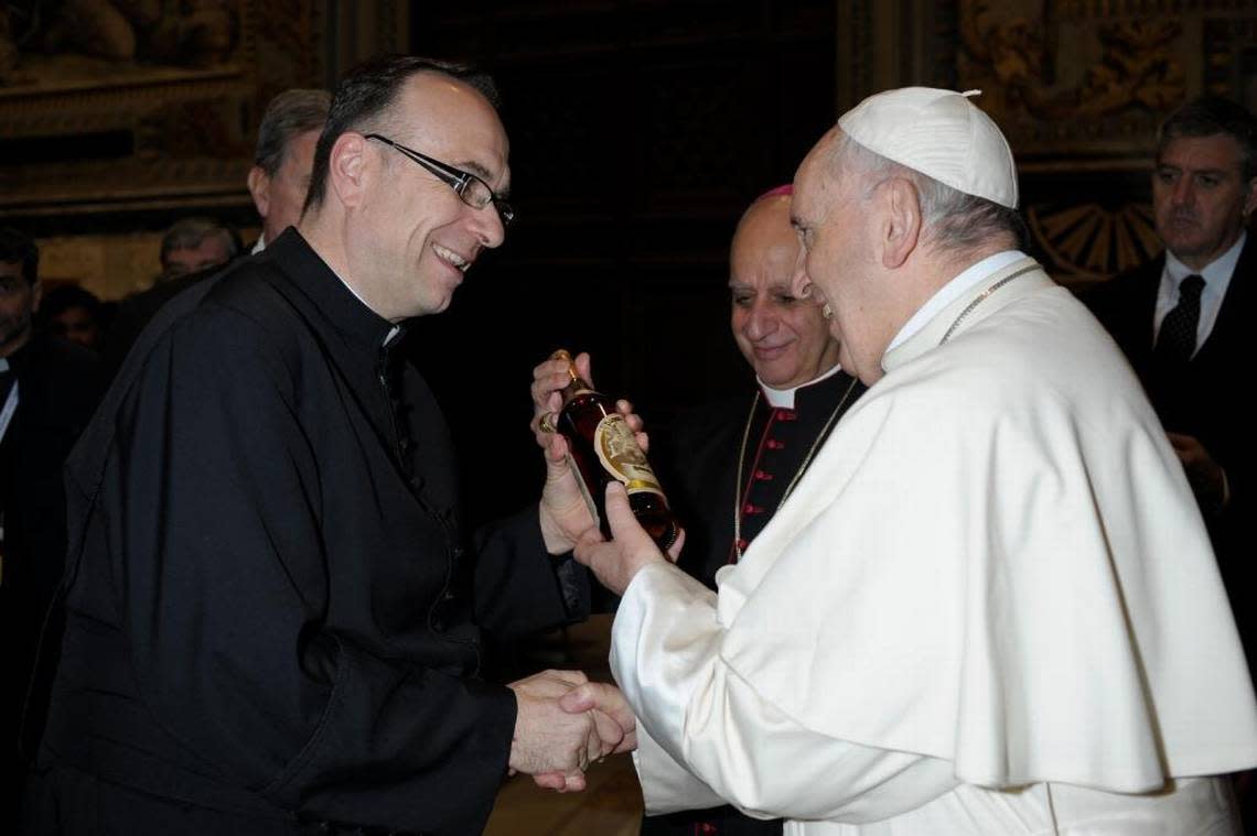 Father Jim Sichko presented a bottle of 23-year-old Pappy Van Winkle to Pope Francis during a private audience at the Vatican in April 2018. The Pope “was delighted,” Sichko tweeted.