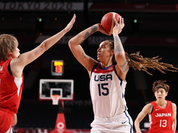Brittney Griner shoots a jump shot for Team USA at the Tokyo Olympics.