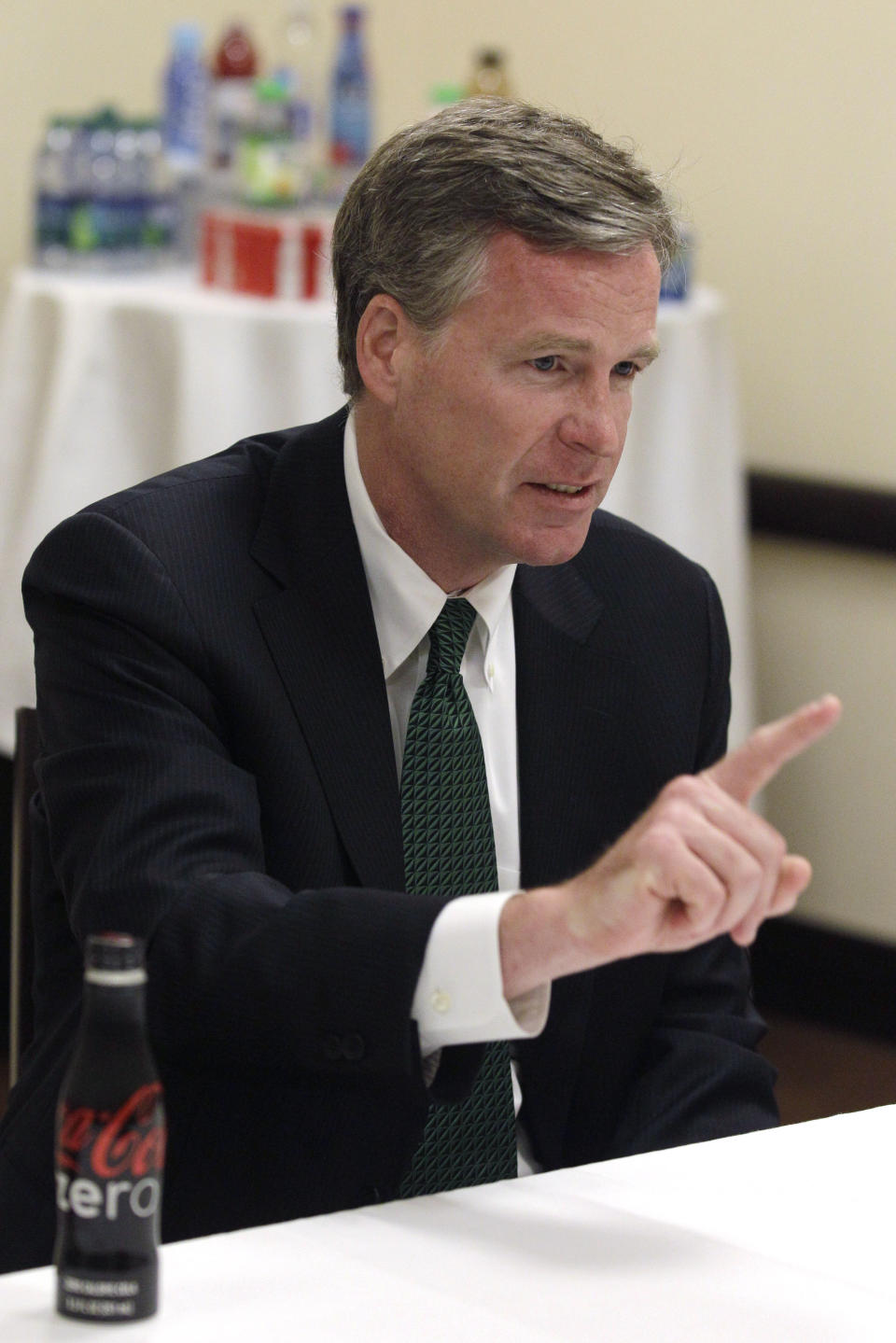 Steve Cahillane, president and CEO of Coca-Cola Refreshments, Inc., speaks during an interview with the Associated Press Thursday, June 7, 2012, while attending the Clinton Global Initiative America gathering in Chicago. Cahillane said that New York Mayor Michael Bloomberg's proposal to ban the sale of large sodas and other sugary drinks unfairly singles out an industry. He says the measure is overly simplistic and would do nothing to address the complex problems of obesity and other health issues. (AP Photo/M. Spencer Green)