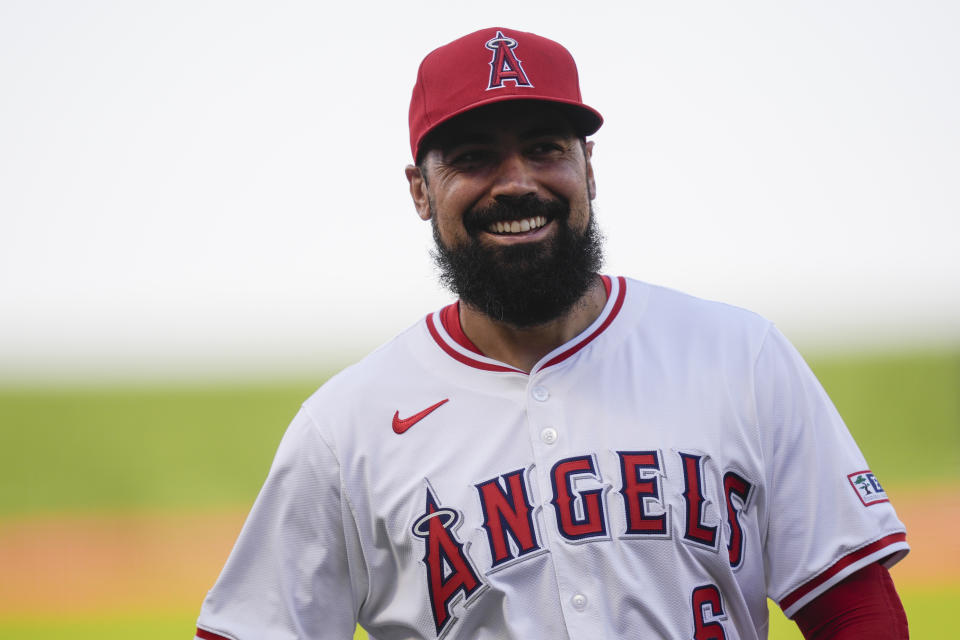 Los Angeles Angels third baseman Anthony Rendon walks on the field before a baseball game against the Texas Rangers, Monday, July 8, 2024, in Anaheim, Calif. (AP Photo/Ryan Sun)