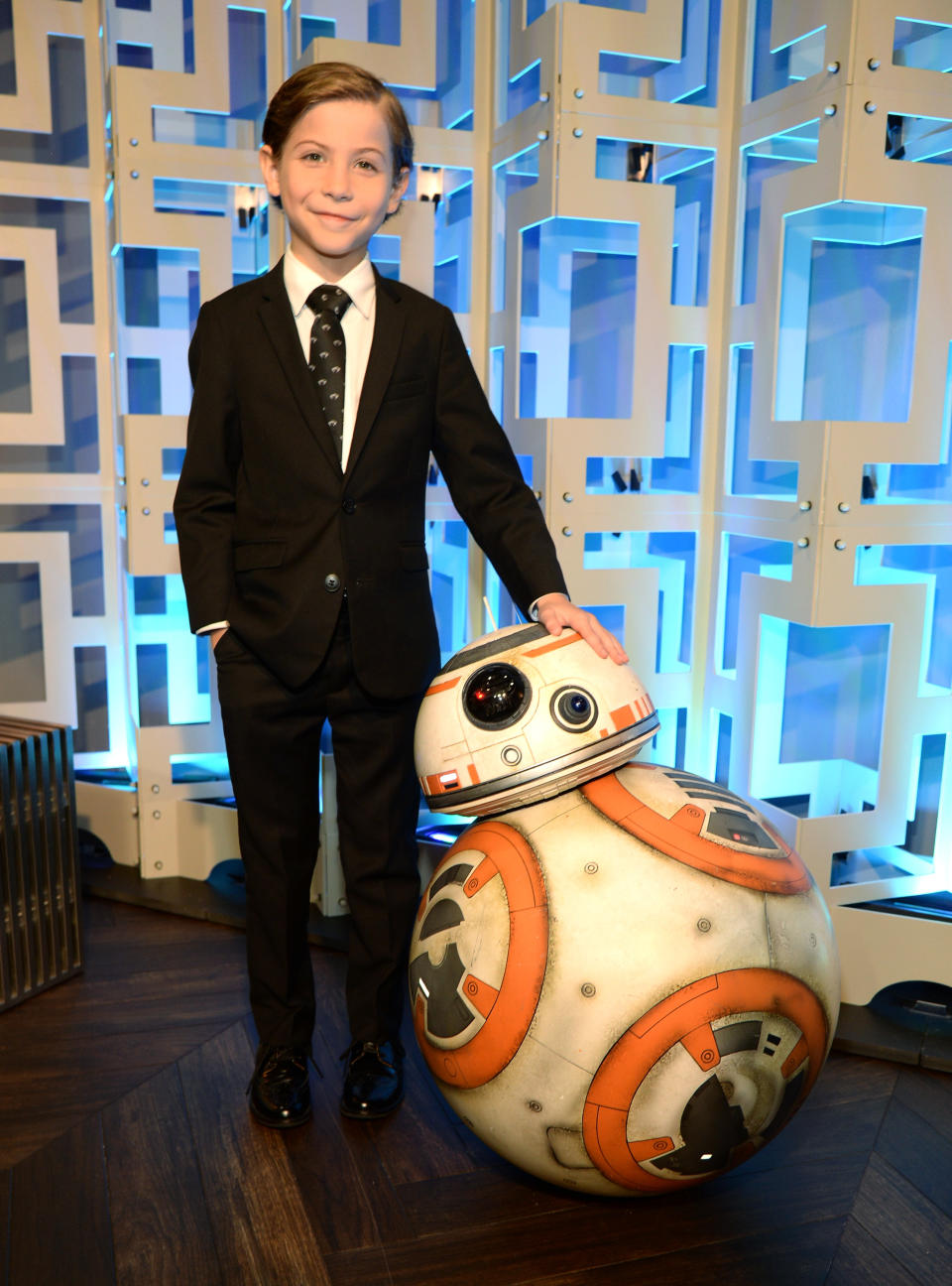 SANTA MONICA, CA - JANUARY 17: Actor Jacob Tremplay poses with "BB-8" from "Star Wars" during the 21st Annual Critics' Choice Awards at Barker Hangar on January 17, 2016 in Santa Monica, California. (Photo by Kevin Mazur/WireImage)
