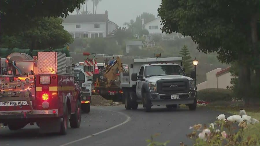 Police, fire and utility company officials were on scene as early as 6 a.m. Sunday morning, and the area remains closed. SoCal Edison shut off power in the area, and Southern California Gas Company crews were called in to make sure no gas lines had been ruptured. (KTLA)