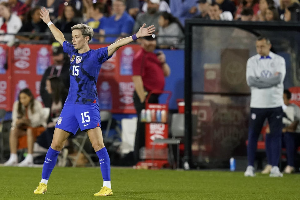 United States forward Megan Rapinoe (15) signals for a pass during the second half of a SheBelieves Cup soccer match against Brazil Wednesday, Feb. 22, 2023, in Frisco, Texas. The United States won 2-0. (AP Photo/LM Otero)