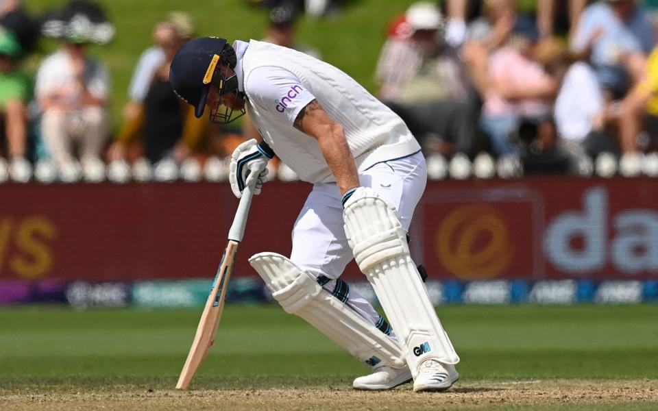 Ben Stokes of England grabs his knee during day five of the Second Test Match between New Zealand and England at Basin Reserve - Getty Images/Philip Brown