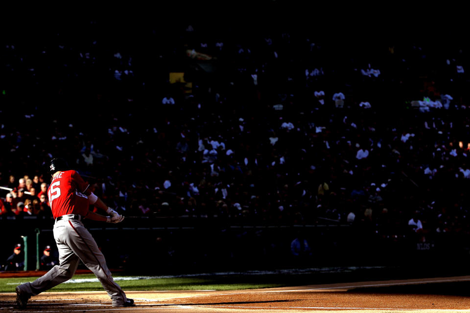 Adam LaRoche #25 of the Washington Nationals at bat in the third inning against the St. Louis Cardinals during Game Two of the National League Division Series at Busch Stadium on October 8, 2012 in St Louis, Missouri. (Photo by Jamie Squire/Getty Images)