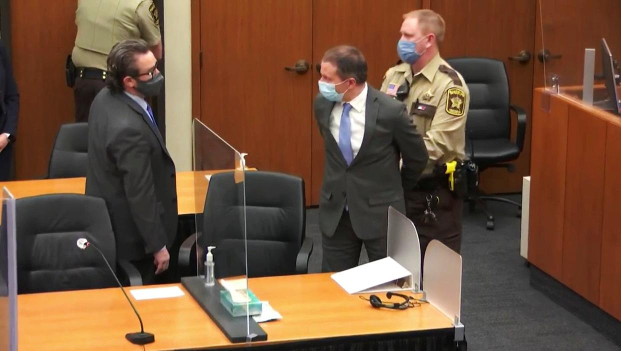 <p>In this image from video, former Minneapolis police Officer Derek Chauvin, center, is taken into custody as his attorney, Eric Nelson, left, looks on, after the verdicts were read at Chauvin’s trial for the 2020 death of George Floyd, Tuesday, April 20, 2021, at the Hennepin County Courthouse in Minneapolis, Minn.</p> (Court TV via AP, Pool))