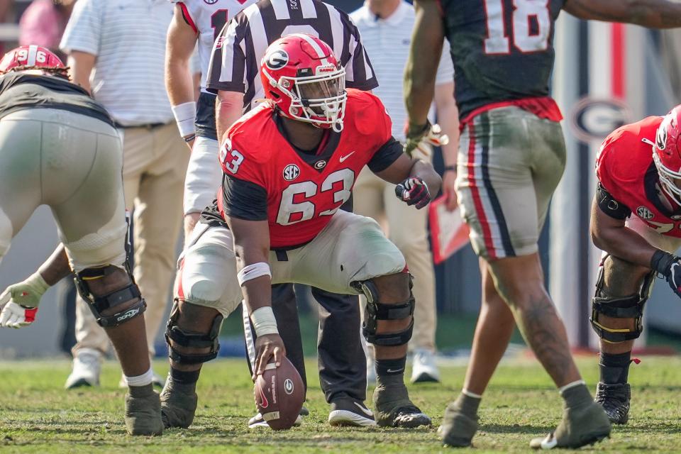 Apr 15, 2023; Athens, GA, USA; Georgia Bulldogs offensive lineman Sedrick Van Pran (63) in action during the Georgia Spring Game at Sanford Staduim. Mandatory Credit: Dale Zanine-USA TODAY Sports