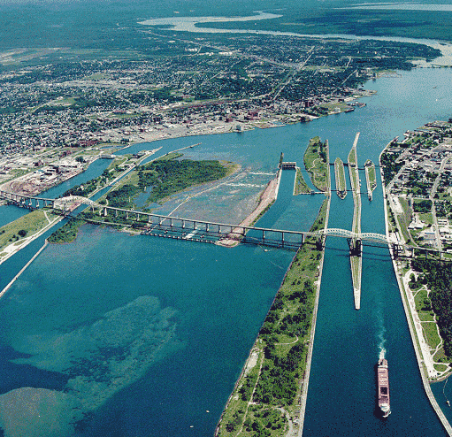An aerial view of the Soo Locks.