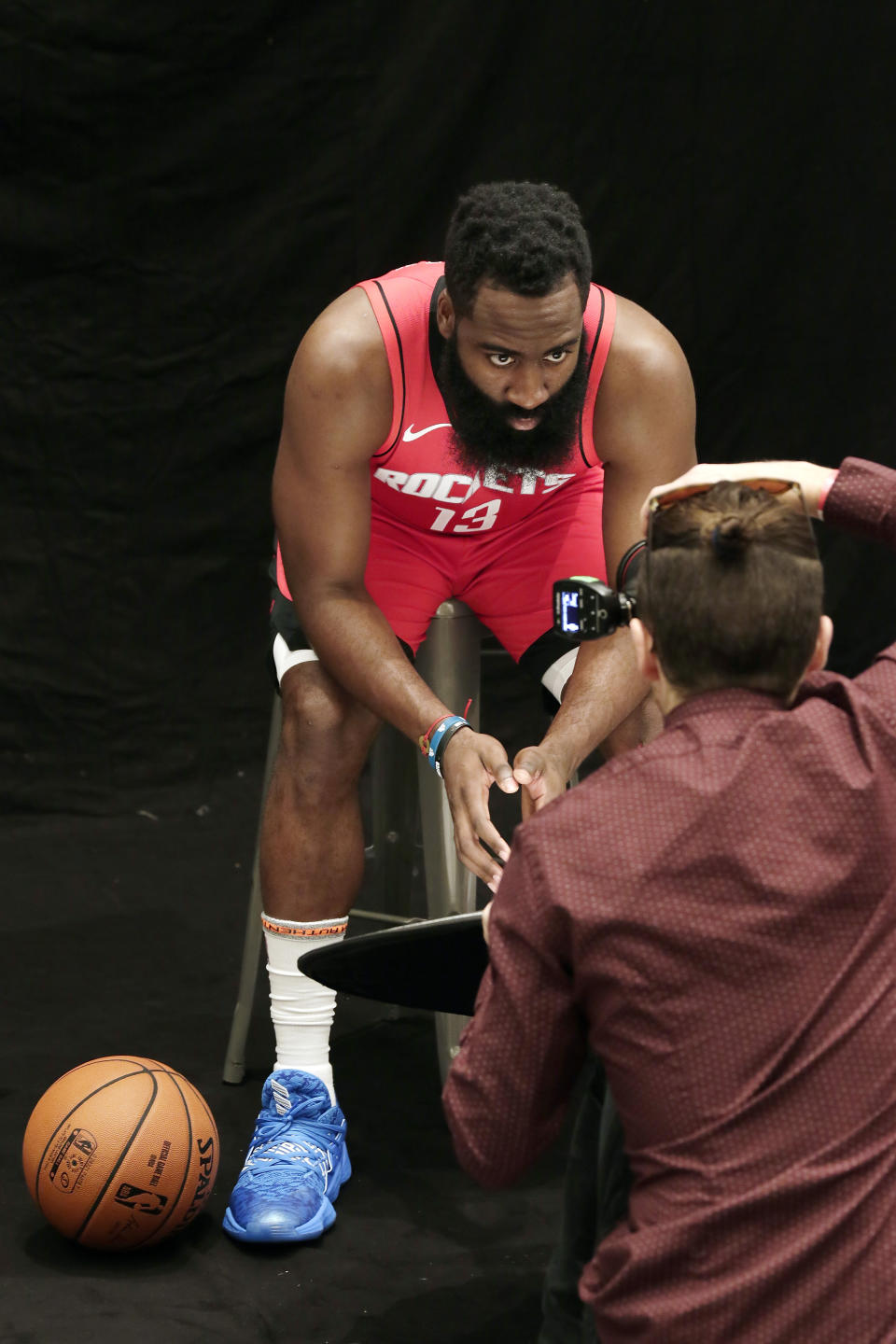 Houston Rockets' James Harden is photographed during NBA basketball media day Friday, Sept. 27, 2019, in Houston. (AP Photo/Michael Wyke)