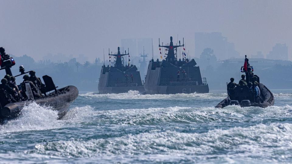 Two Taiwanese Kuang Hua VI-class missile boats maneuver at sea during a military drill on Jan. 31, 2024. (Annabelle Chih/Getty Images)