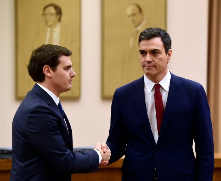 Leader of Spanish Socialist Party Pedro Sanchez (R) and leader of center-right party Ciudadanos, Albert Rivera shake hands after signing of an agreement to support the socialist leader as candidate to lead the new Spanish government, in Madrid
