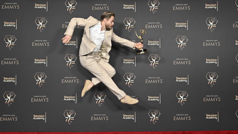 Derek Hough with the Emmy for outstanding choreography for variety or reality programming for “Dancing With The Stars” in the press room during night two of the Television Academy’s 75th Creative Arts Emmy Awards at the Peacock Theater on Sunday, Jan. 7, 2024 in Los Angeles.