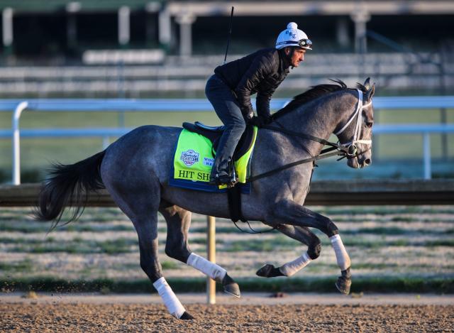 Kentucky Derby contender Hit Show during a workout at Churchill Downs on Monday morning, April 24, 2023 in Louisville, Ky. The trainer is Brad Cox.