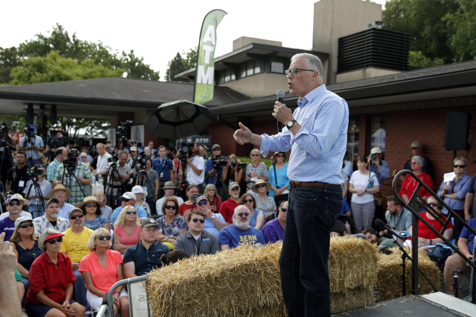 FILE - In this Aug. 10, 2019 file photo, Democratic Presidential candidate Washington Gov. Jay Inslee speaks at the Iowa State Fair in Des Moines, Iowa. Inslee, who made fighting climate change the central theme of his presidential campaign, announced Wednesday night, Aug. 21, 2019, that he is ending his bid for the 2020 Democratic nomination. Inslee announced his decision on MSNBC, saying it's become clear that he won't win. (AP Photo/John Locher, File)