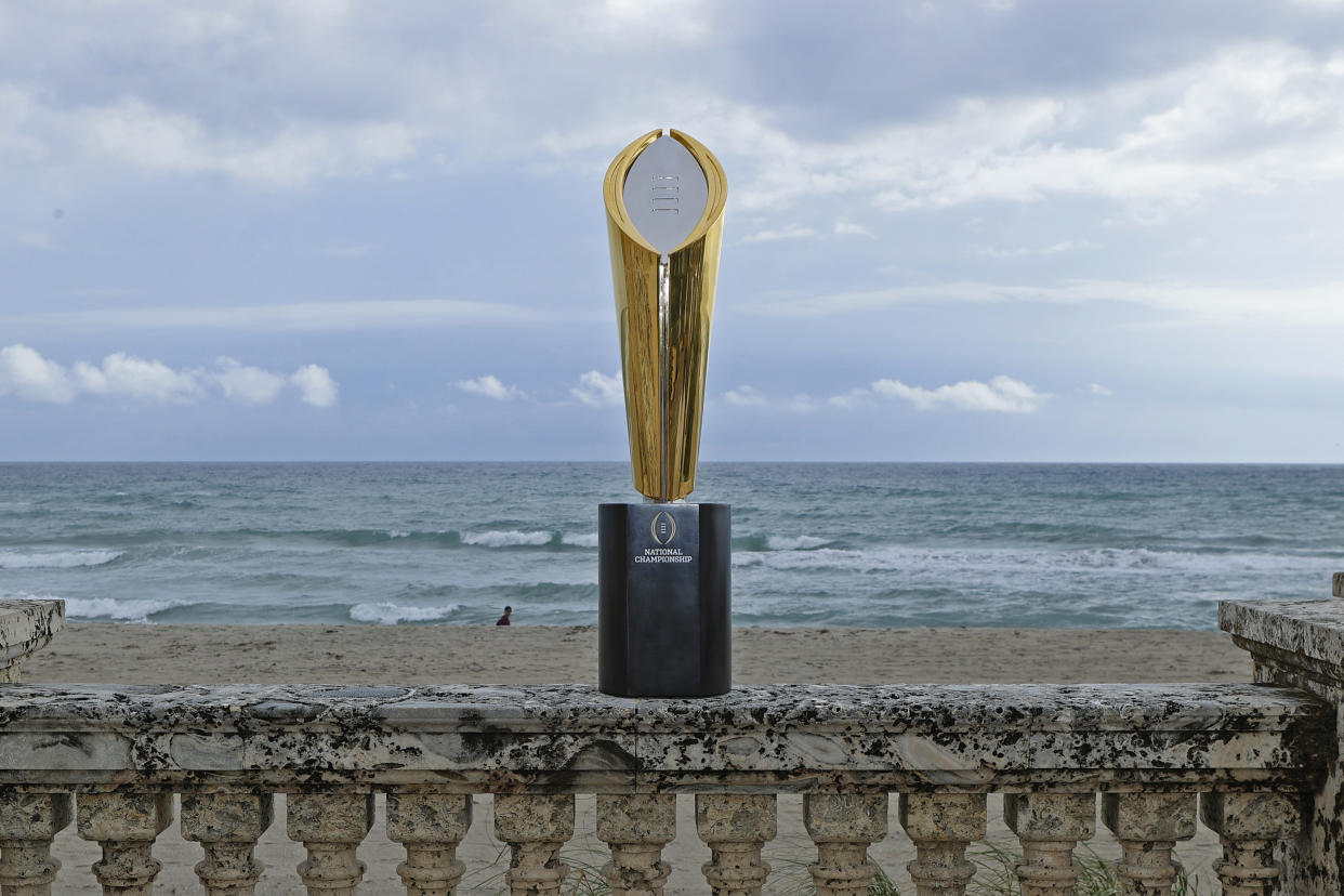 PALM BEACH, FLORIDA - NOVEMBER 12: The College Football Playoff National Championship Trophy is displayed on November 12, 2020 in Palm Beach, Florida. The Championship game will be played at Hard Rock Stadium on January 11, 2021. (Photo by Joel Auerbach/Getty Images)