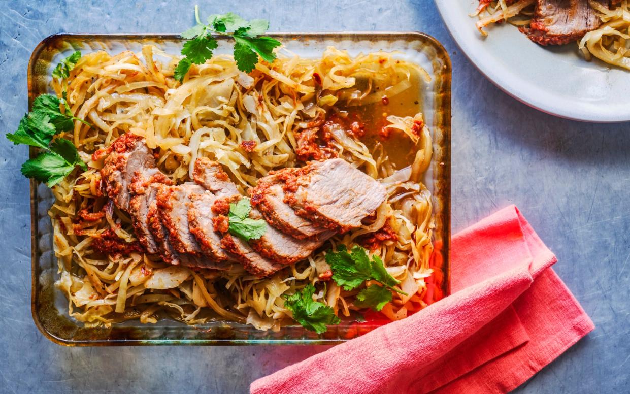 Sweet and sour pork tenderloin with braised cabbage