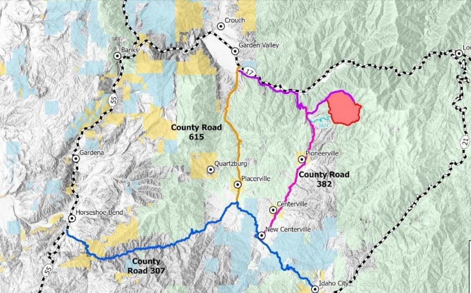 The map of a portion of Southwest Idaho shows the location of a proposed copper and molybdenum mine. If approved by the Forest Service, the mine could be located where the darkened area is near Pioneerville, north of Idaho City. 