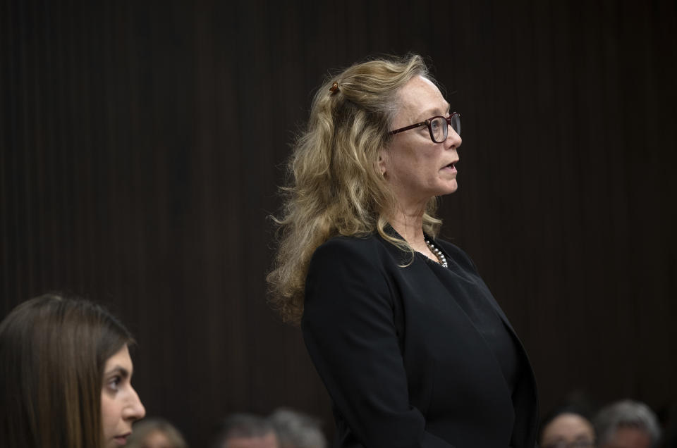 Paula Mitchell, director of the Los Angeles Innocence Project, speaks on behalf of Scott Peterson during a status conference at San Mateo County Superior Court in Redwood City, Calif., Tuesday, March 12, 2024. (Andy Alfaro/The Modesto Bee via AP, Pool)