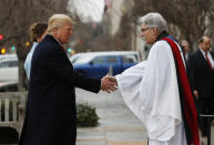 <p>Rev. Luis Leon greets President-elect Donald Trump and his wife Melania as they arrive for a church service at St. John's Episcopal Church across from the White House in Washington, Friday, Jan. 20, 2017, on Donald Trump’s inauguration day. (Photo: Alex Brandon/AP) </p>