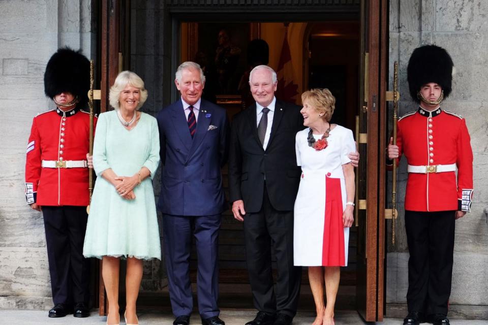 Pictured: Prince Charles and Camilla Duchess of Cornwall join the Governor General of Canada, His Excellency Mr David Johnston and his wife Sharon Johnston at the door way to Rideau Hall as part of the Canada 150 Celebrations. Ottawa July, 2017 (Oxford Films)