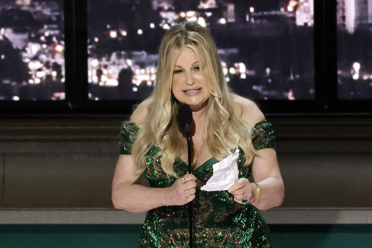 LOS ANGELES, CALIFORNIA - SEPTEMBER 12: Jennifer Coolidge accepts Outstanding Supporting Actress in a Limited or Anthology Series or Movie for 