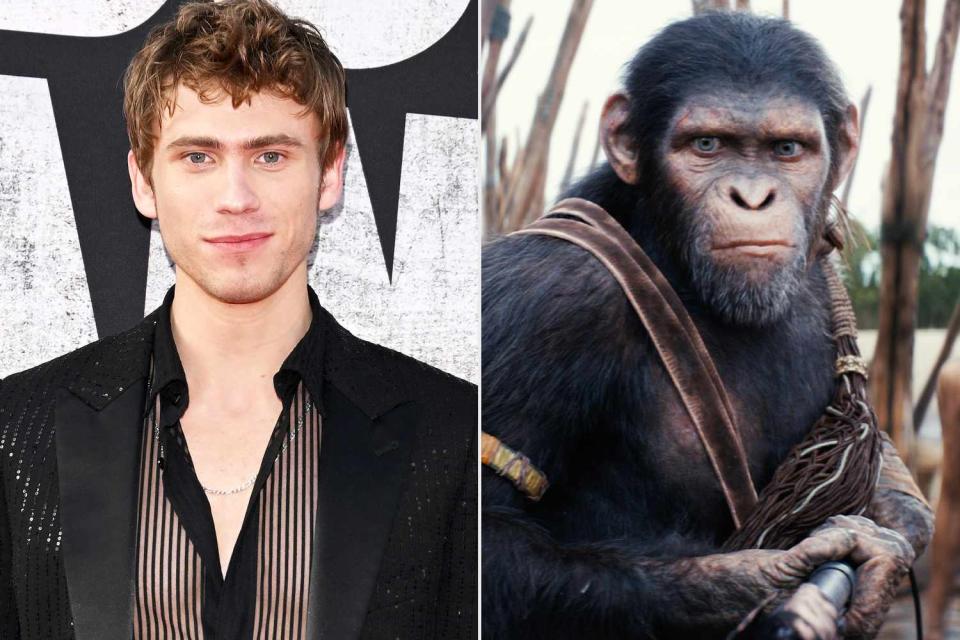 <p>20th Century Studios; Axelle/Bauer-Griffin/FilmMagic</p> Owen Teague on May 2, 2024; Owen Teague in "Kingdom of the Planet of the Apes"