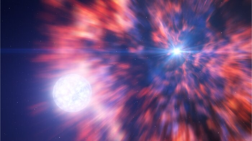 A blue and white blurred scene depicts a supernova explosion. A white orb is seen toward the center left.