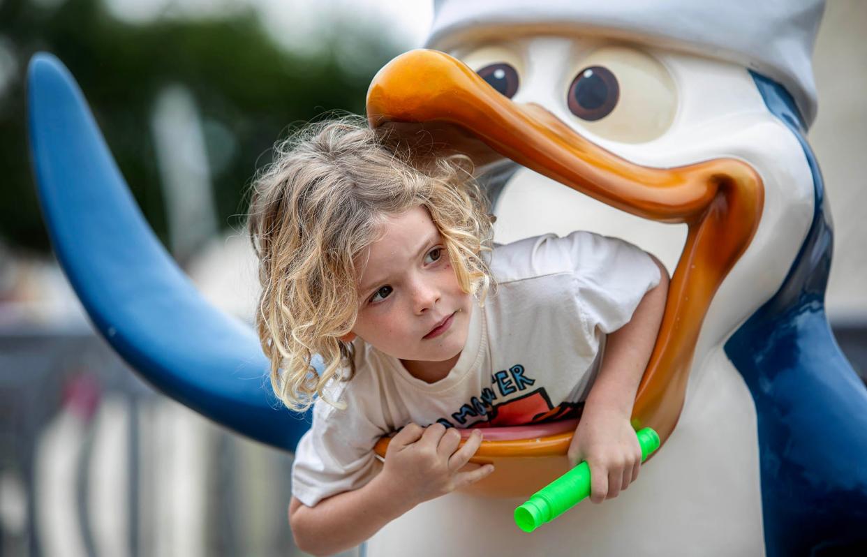 Charlie Hinder, 4, of Winter Park, peeks through a penguin photo station during as visit to the West Palm Beach GreenMarket on Saturday.