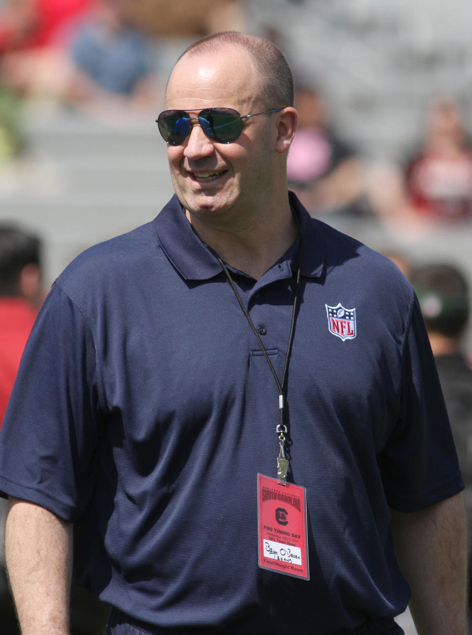 Houston Texan's coach Bill O'Brien looks on as South Carolina defensive end Jadeveon Clowney competes in a drill for NFL representatives at South Carolina football pro day in Columbia, S.C., Wednesday, April 2, 2014. (AP Photo/Mary Ann Chastain)