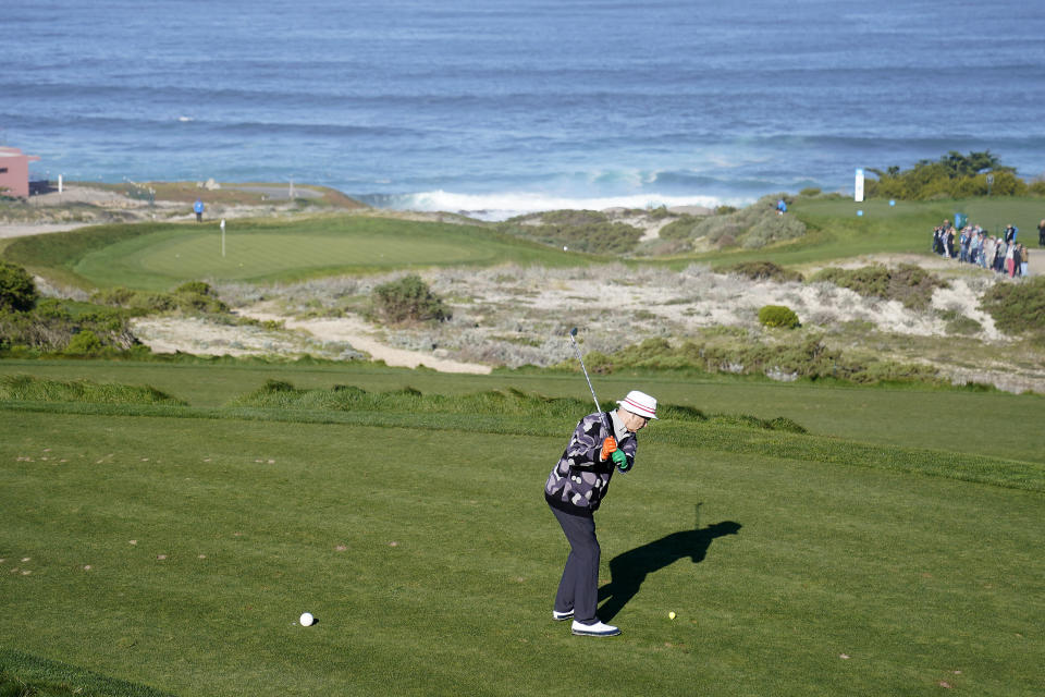 Actor Bill Murray hits a tee shot on the third hole of the Spyglass Hill Golf Course during the first round of the AT&T Pebble Beach National Pro-Am golf tournament Thursday, Feb. 6, 2020, in Pebble Beach, Calif. (AP Photo/Tony Avelar)