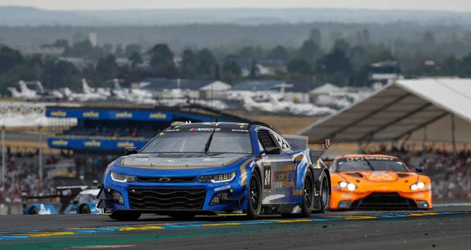 The No. 24 Garage 56 Chevrolet rounds a bend at the Circuit de la Sarthe