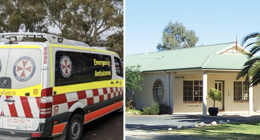 An ambulance (left) and the Country Gardens Motor Inn (right).