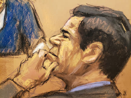 The accused Mexican drug lord Joaquin "El Chapo" Guzman listens to a testimony by Isaias Valdez Rios (not shown) in this courtroom sketch during Guzman's trial in Brooklyn federal court in New York City, U.S., January 24, 2019. REUTERS/Jane Rosenberg