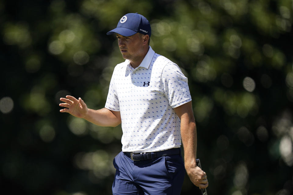 Jordan Spieth waves after making a birdie on the second green during the third round of the Tour Championship golf tournament Saturday, Sept. 4, 2021, at East Lake Golf Club in Atlanta. (AP Photo/Brynn Anderson)