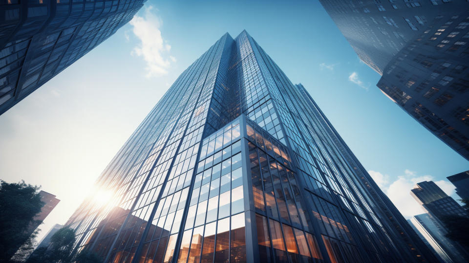 A tall skyscraper with the company logo, representing the real estate investments.