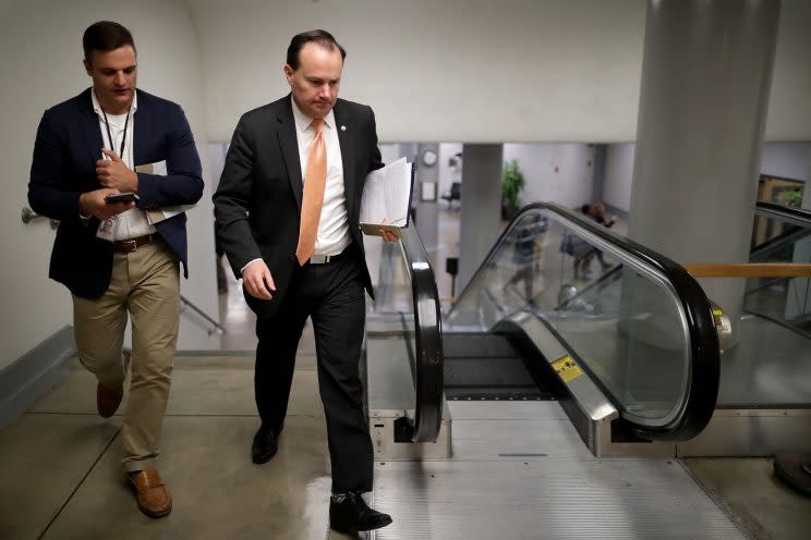 Sen. Mike Lee (R-UT) (2nd L) heads for his party’s weekly policy luncheon at the U.S. Capitol May 16, 2017 in Washington. Many Republican and Democratic senators expressed frustration and concern about how President Donald Trump may have shared classified intelligence with the Russian foreign minister last week at the White House. (Photo: Chip Somodevilla/Getty Images)