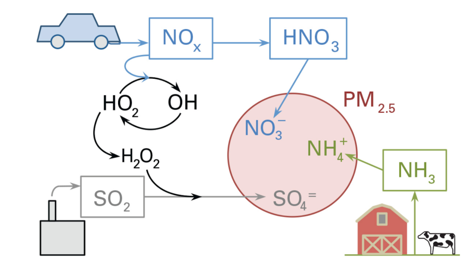 Three major emissions form inorganic fine airborne particulate matter: nitrogen oxides (NOx), largely from cars and trucks; sulfur dioxide (SO2) from power plants and factories; and ammonia (NH3) from agriculture. Sunlight and chemical reactions in the atmosphere convert the emissions to new chemical species that can combine to form tiny particles known as PM2.5. <a href="https://energy.mit.edu/news/regulating-particulate-pollution-novel-analysis-yields-new-insights/" rel="nofollow noopener" target="_blank" data-ylk="slk:MIT Energy Initiative;elm:context_link;itc:0;sec:content-canvas" class="link ">MIT Energy Initiative</a>, <a href="http://creativecommons.org/licenses/by-nd/4.0/" rel="nofollow noopener" target="_blank" data-ylk="slk:CC BY-ND;elm:context_link;itc:0;sec:content-canvas" class="link ">CC BY-ND</a>