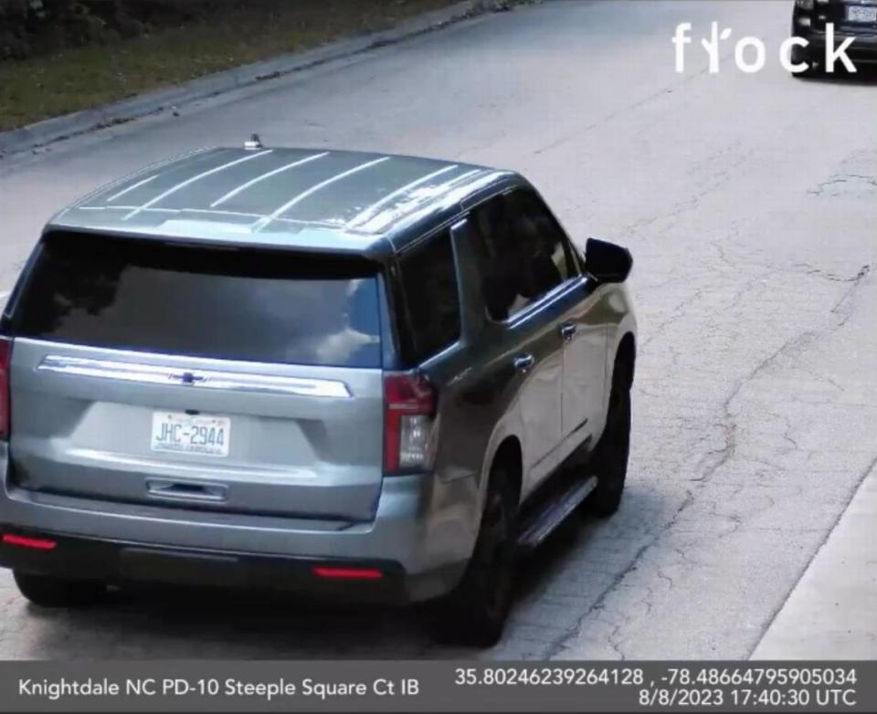 Knightdale Police Chief Lawrence Capps shared this screenshot with a local homeowners association board in August 2023. In it, a police vehicle’s license plate is captured by a Flock Safety camera near the police department’s Steeple Square Court headquarters.