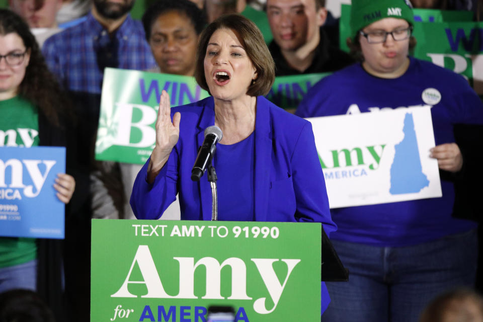 Democratic presidential candidate Sen. Amy Klobuchar, D-Minn., speaks at her election night party, Tuesday, Feb. 11, 2020, in Concord, N.H. (AP Photo/Robert F. Bukaty)