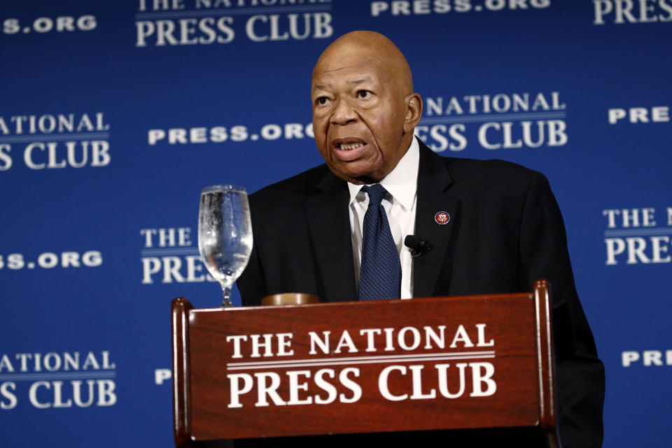 Rep. Elijah Cummings, D-Md., speaks during a luncheon at the National Press Club in Washington, Wednesday, Aug. 7, 2019. Cummings says government officials must stop making “hateful, incendiary comments’’ that only to serve to divide and distract the nation from its real problems, including mass shootings and white supremacy. (AP Photo/Patrick Semansky)