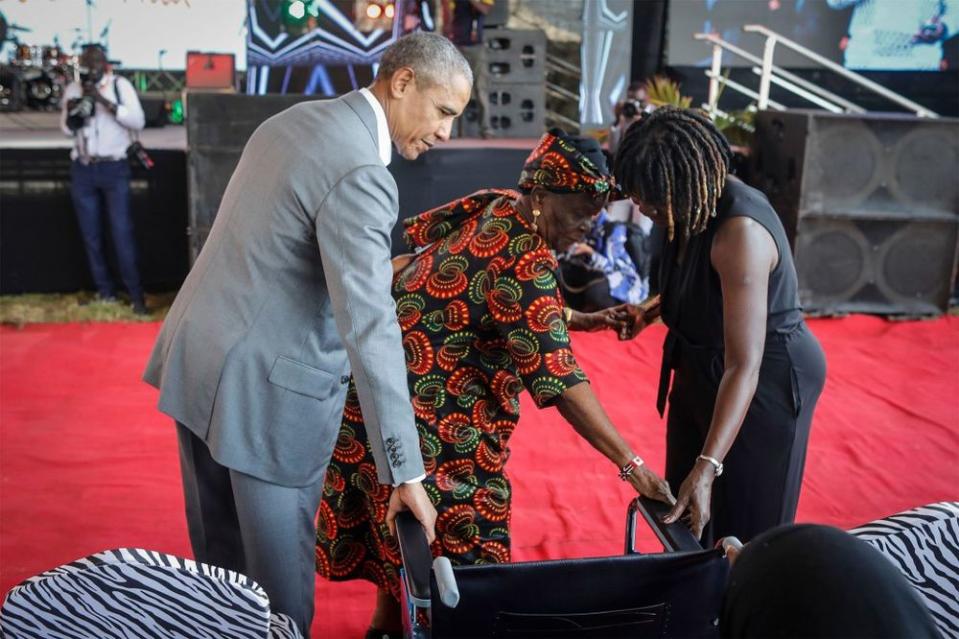 Barack Obama with half-sister Dr. Auma Obama and grandmother Sarah Onyango Obama
