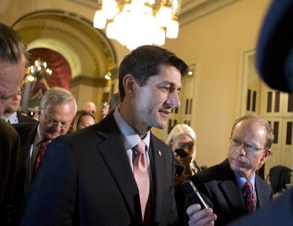 Rep. Paul Ryan, R-Wis., the Republican vice presidential candidate, returns to Capitol Hill to vote on a stopgap spending bill that avoids a government shutdown but carries a price tag $19 billion higher than the budget he wrote as chairman of the House Budget Committee, in Washington, Thursday, Sept. 13, 2012. (AP Photo/J. Scott Applewhite)