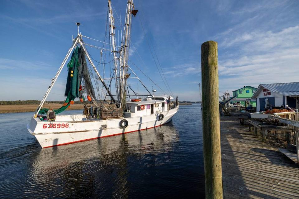 The High Rider comes into port after several days shrimping off the North Carolina coast on Thursday, February 22, 2024 in Varnamtown, N.C. They sell their catch from their fish house by the same name.