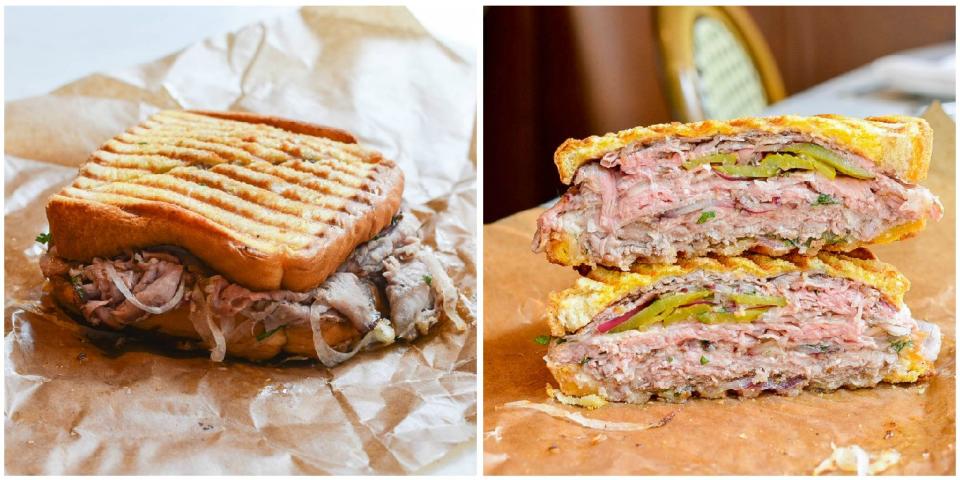 Hole in the Wall's barbecue sandwich: one pound of pit-cooked shaved prime New York strip steak, pickle salad, sweet onions and freshly grated horseradish. (Photo: Farley Elliot)