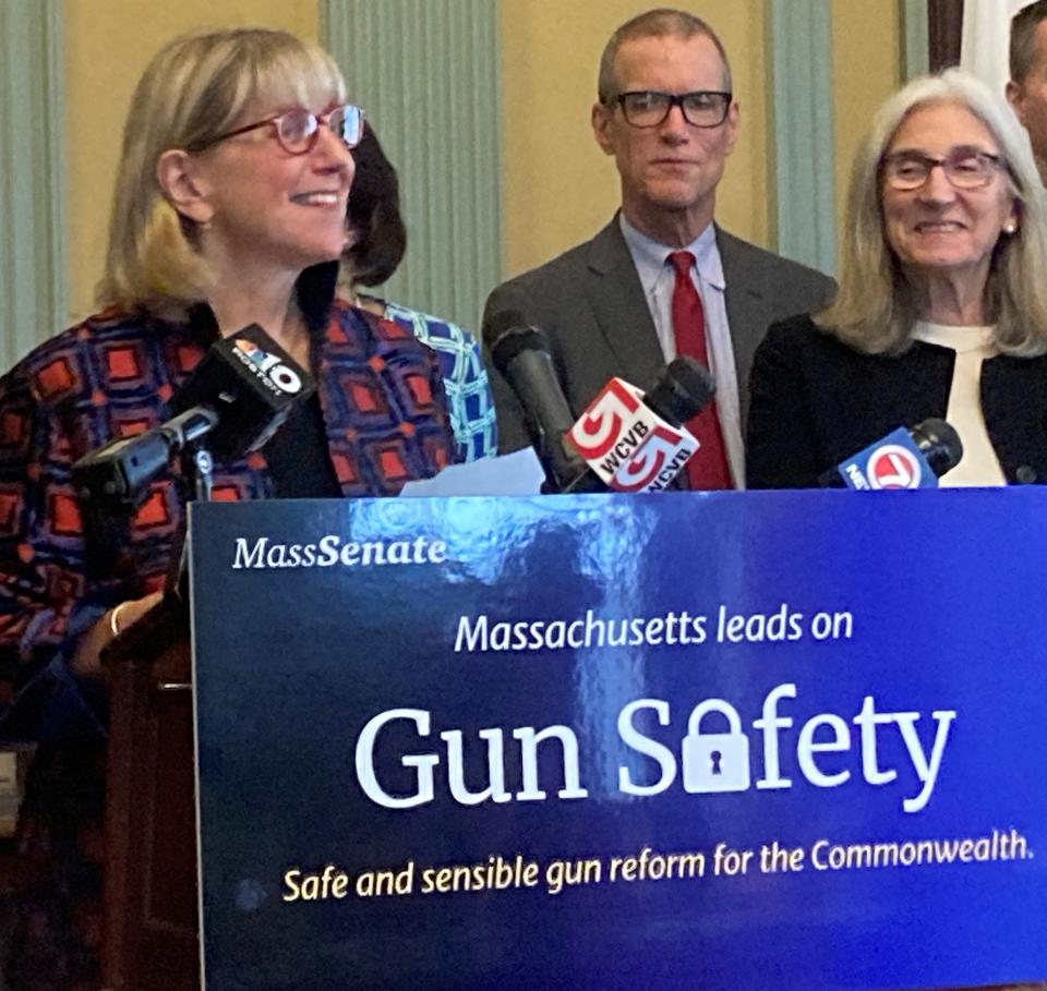 Senate President Karen Spilka, D-Ashland, flanked by several senators, including Sen. Cindy Freidman, D-Arlington, members of the Massachusetts Chiefs of Police Association, announce the filing of the SAFER Act, an proposal to update and modernize gun control laws in Massachusetts Thursday in Boston.