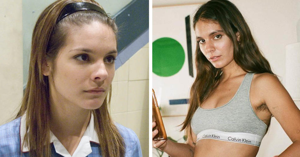 L: Caitlin Stasey on Neighbours. R: Caitlin Stacey in a Calvin Klein bra