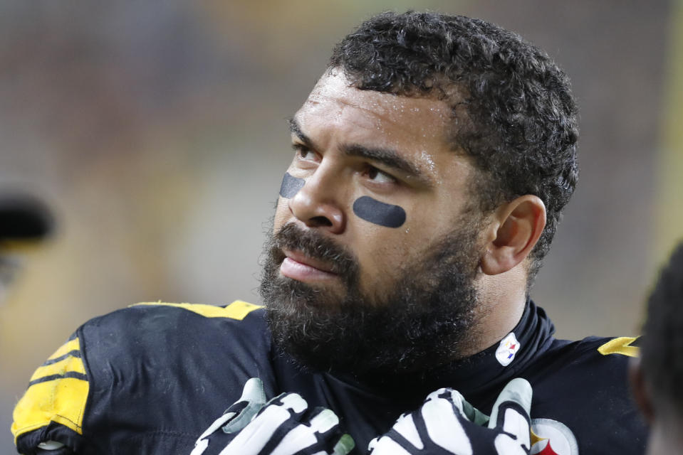 FILE - In this Oct. 28, 2019, file photo, Pittsburgh Steelers defensive end Cameron Heyward stands on the sidelines during the first half of an NFL football game in Pittsburgh. Heyward isn't sure what his future holds. The club hasn't contacted the Pro Bowler about an extension as he enters the final year of his current deal. (AP Photo/Keith Srakocic, File)