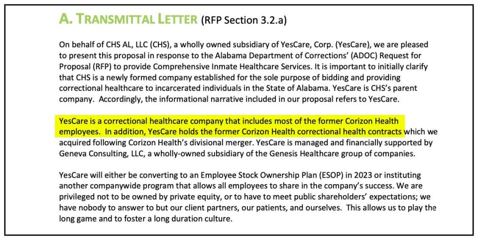 An excerpt from a proposal YesCare submitted to the Alabama Department of Corrections