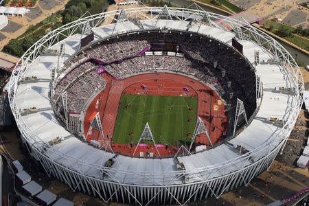 An aerial view shows the Olympic Stadium at the London 2012 Olympic Games in east London August 3, 2012. REUTERS/Jeff J Mitchell/Pool/File Photo