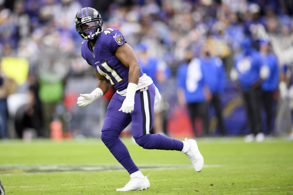 FILE - Baltimore Ravens defensive back Anthony Levine (41) follows a play during the second half of an NFL football game against the Los Angeles Rams, on Jan. 2, 2022, in Baltimore. Levine announced his retirement Wednesday, Jan. 26, 2022, after a decade with the Ravens. (AP Photo/Nick Wass, File)